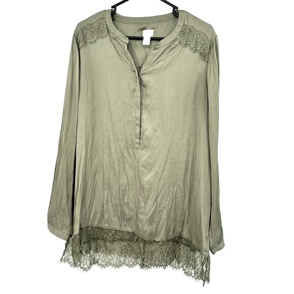 Chicos Size 2 M Tunic Green Lace Trim Blouse‎ 1/2 Button Long Sleeve Workwear - Picture 1 of 6